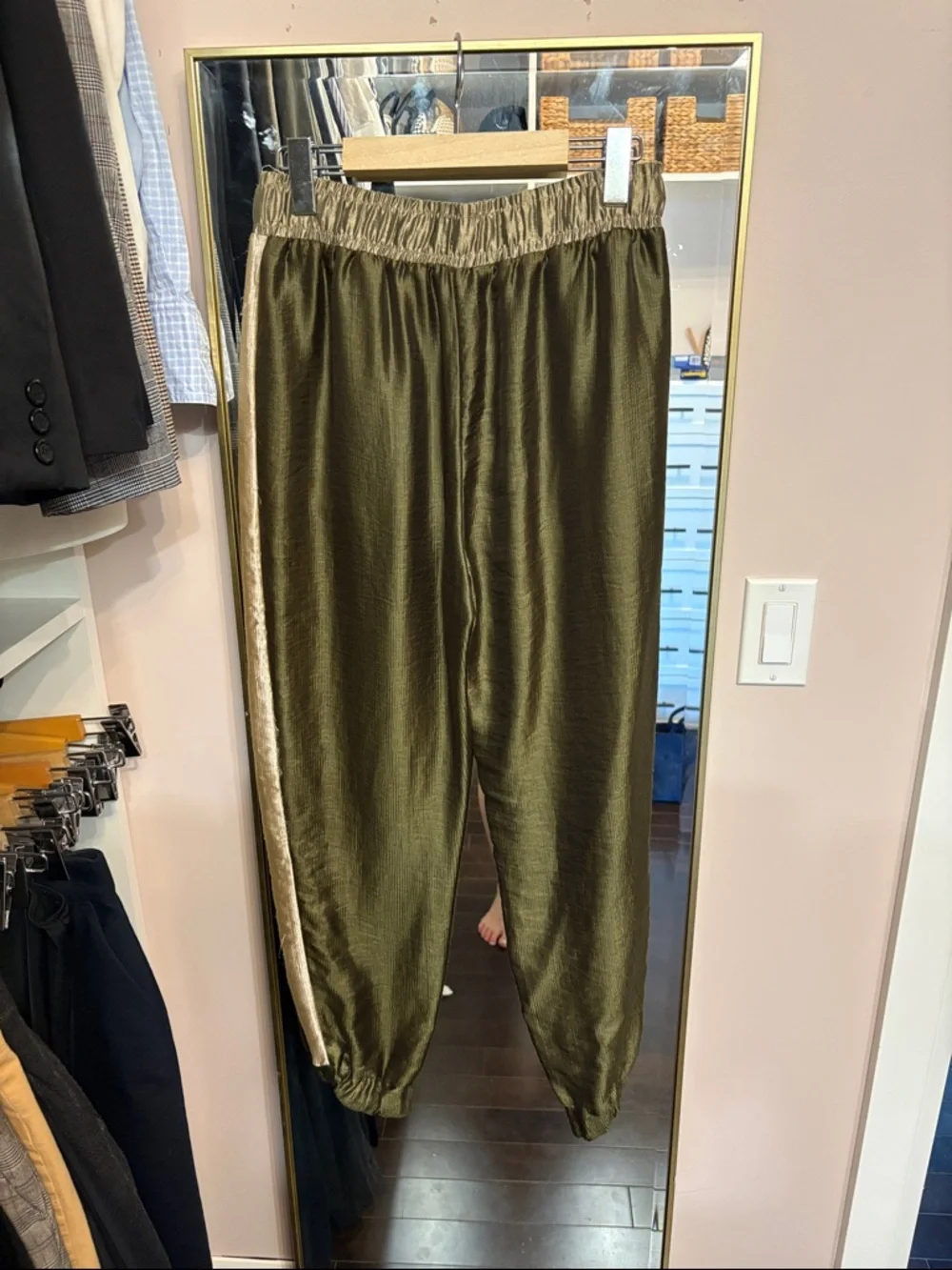 Zara Olive Green Satin Track Pants with Contrast Side Stripe - Picture 3 of 4